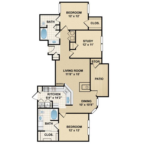 2 bedroom, 2 bathroom, study