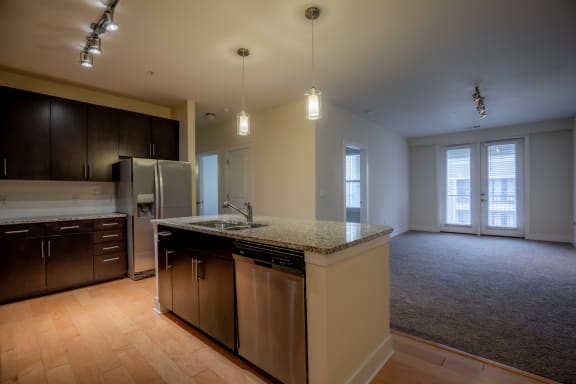 Kitchen model with lights at West 39th Street Apartments, Missouri, 64111