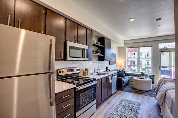 Appliances in kitchen area at Commons at Sylvan Canyon Apartments, Portland, Oregon