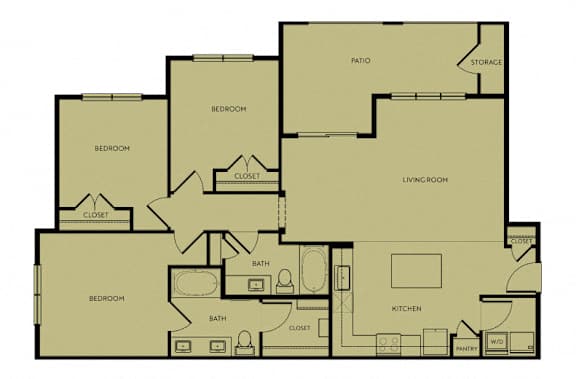 Three bedroom floor plan with two bathrooms at Eastridge Apartments, Del Valle, TX 78617