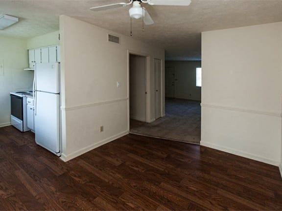 hardwood-inspired flooring in kitchen and dining area