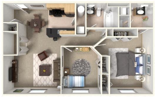 a 3d floor plan of a house with bedrooms and a living room