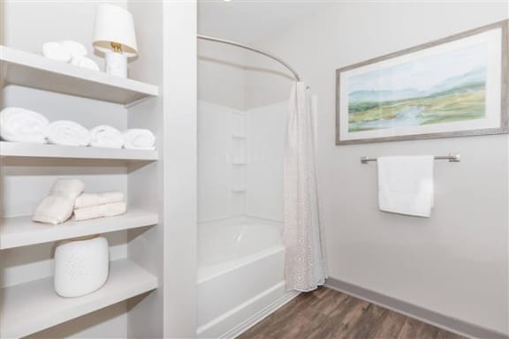 Bathroom with Shelves at One White Oak Apartments, Cumming, GA, 30041