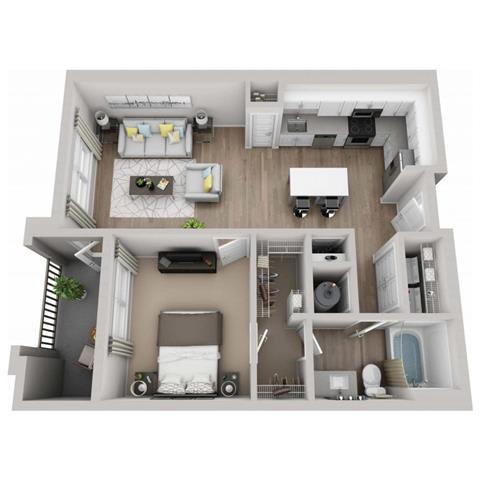 Azure 1-bed, 1-bath floor plan layout at Pointe Lake at Crabtree
