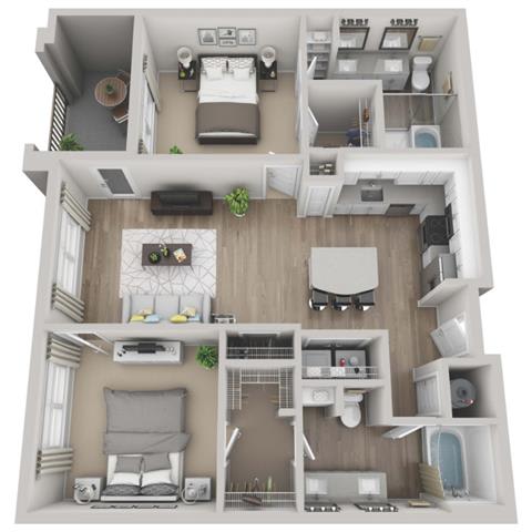 Forest 2-bed, 2-bath floor plan layout at Pointe Lake at Crabtree