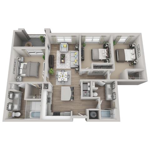 Garnet 3-bed, 2-bath floor plan layout at Point Lake at Crabtree