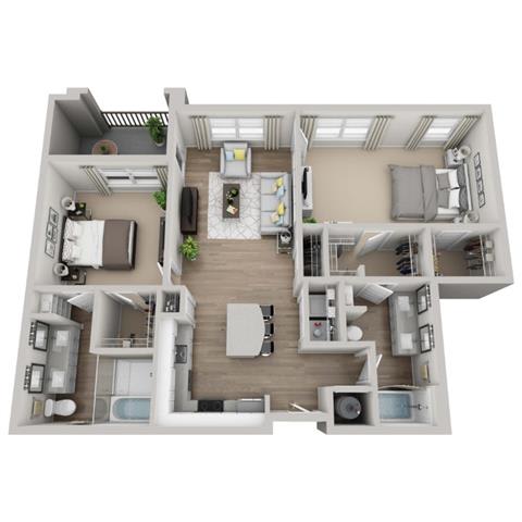 Moss 2-bed, 2-bath floor plan layout at Pointe Lake at Crabtree