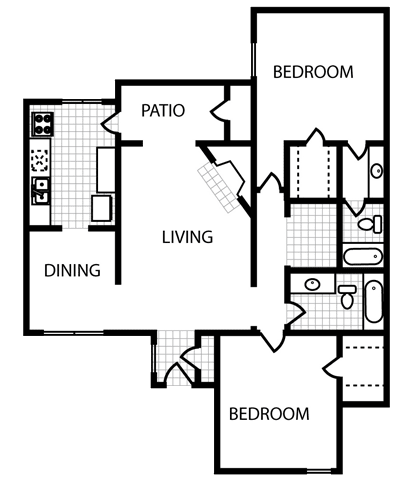 2 bed 2 bath floor plan B at Overton Park Apartments, Texas