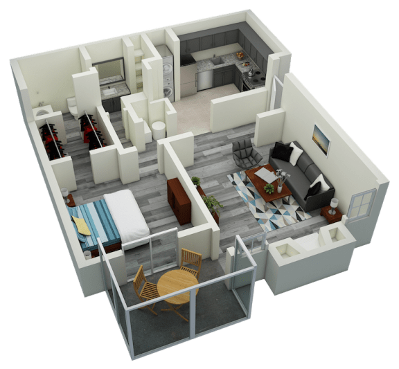 3D-1BR_780 A2 One Bedroom One Bath Apartment 780 sq ft with model furnishings