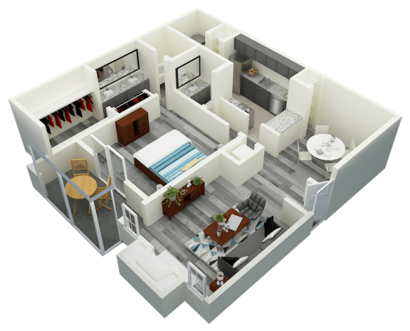 3D-1BR_1070 A3 One Bedroom One Bath Apartment 1070 sq ft with model furnishings