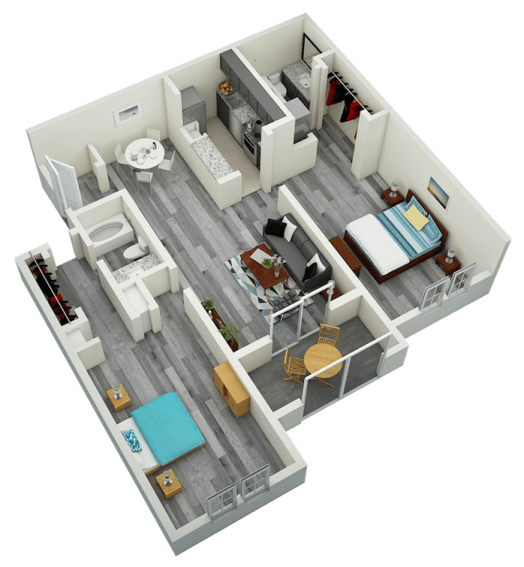 3D-2BR_1110 B2 Two Bedroom Two Bath Apartment 1110 sq ft with model furnishings