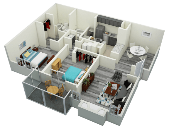 3D-2BR_1190 B3 Two Bedroom Two Bath Apartment 1190 sq ft with model furnishings