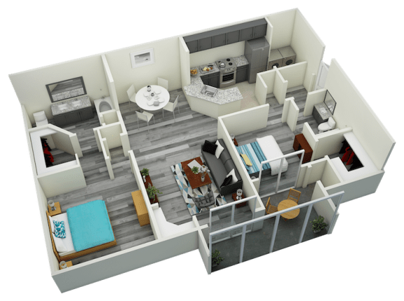 3D-2BR_1377 B5 Two Bedroom Two Bath Apartment 1377 sq ft with model furnishings