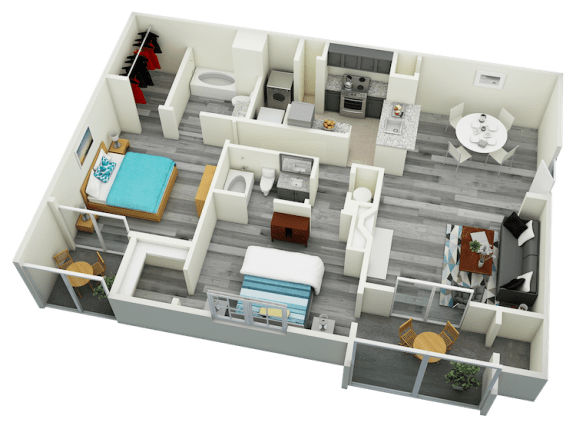 3D-2BR_1435 B6 Two Bedroom Two Bath Apartment 1435 sq ft with model furnishings