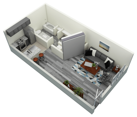 3D-Studio_510 Studio Bedroom One Bath Apartment 510 sq ft with model furnishings