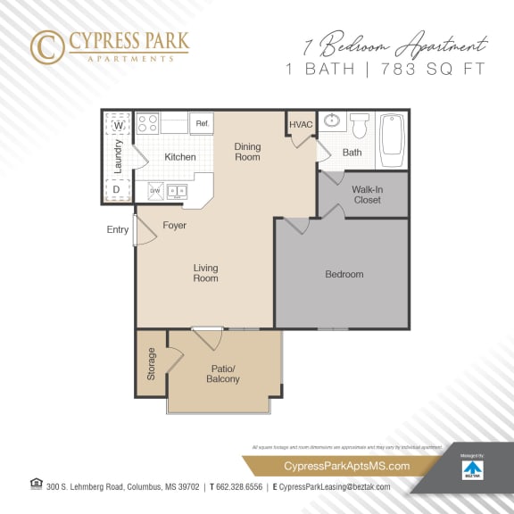 One Bedroom 1 bath  Floor Plan At Cypress Park Apartments, Columbus, Mississippi