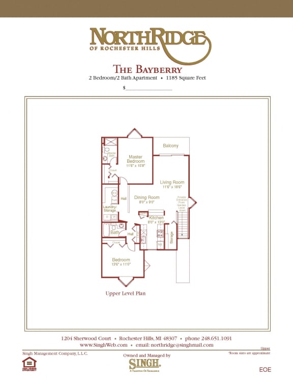 Bayberry Upper Floor Plan at Northridge, Rochester Hills, MI, 48307