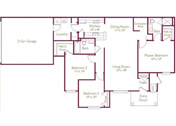 Floor Plan  Virginia 3  Bed   2  Bath   1,413 Sq. Ft. Floor Plan at Wyndchase, Canton