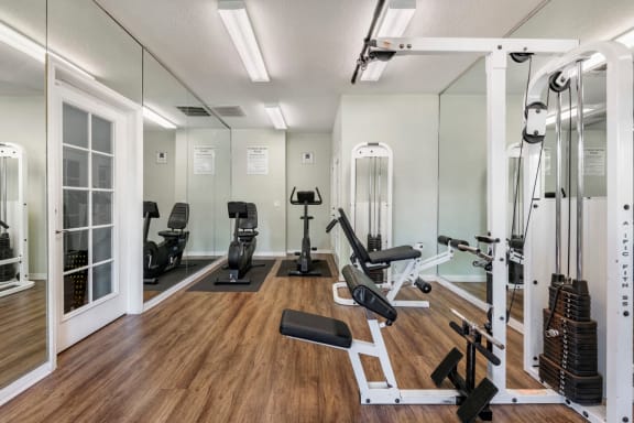 Bright Fitness Center with Exercise Equipment and Mirrored Wall