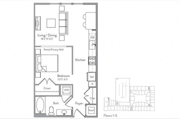 Studio floor plan E at Monument Village at College Park, Maryland