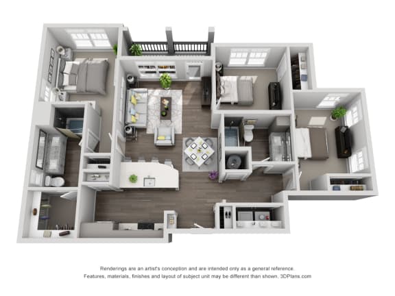 D2 3 Bed 2 Bath Floor Plan at Central Island Square, South Carolina, 29492