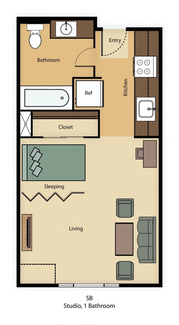 SB: Studio, 1 Bathroom