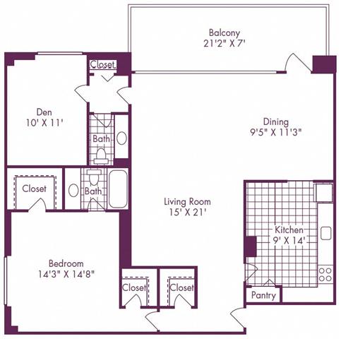 Floor Plan  1 Bedroom + Den, 1.5 Bath 1100 SF A15 at Crystal Square, Virginia, 22202