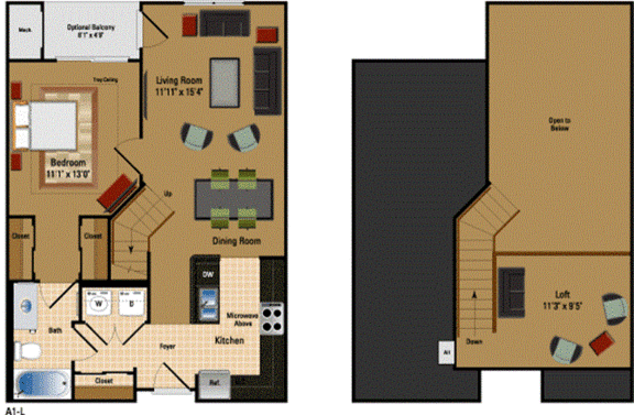 Floor Plan  858 Square-Foot 1 Bed &#x2B; Loft A1 - Loft at The Cosmopolitan at Lorton Station, Lorton, 22079