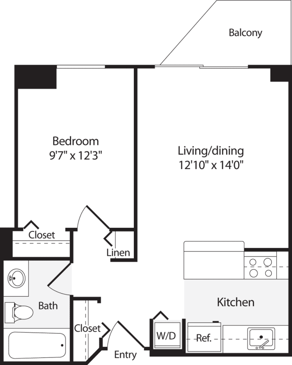 1 Bedroom, 1 Bath 554 SF A2 Floor Plan at Park at Pentagon Row, Arlington