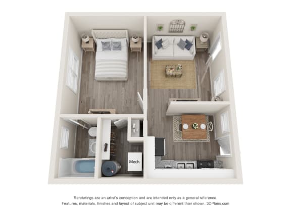 1 Bedroom 1 Bath Floor Plan | 719 Sq. Ft. at Balfour 296, Lilburn, 30047