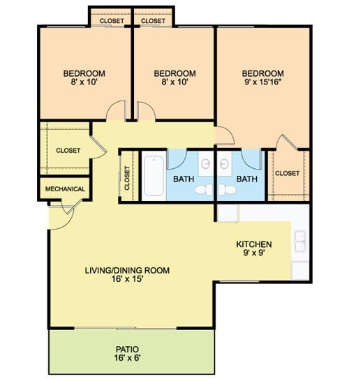 3 Bedroom Floor Plan at River Pointe Apartments, Fort Washington