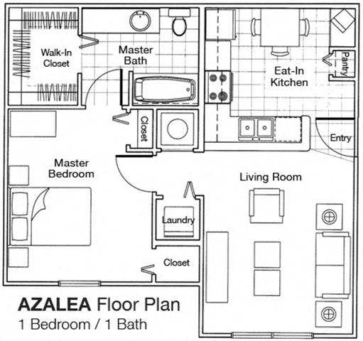 Azalea floor plan with 1 bedroom and 1 bathroom