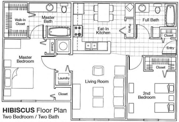 Hibiscus Floor Plan with 2 Bedrooms and 2 Bathrooms