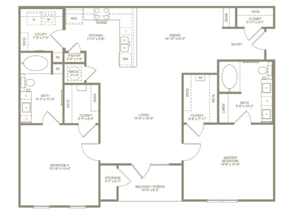 Floor Plan  2 bed 2 bath at Annandale Apartment Homes, Murfreesboro, Tennessee
