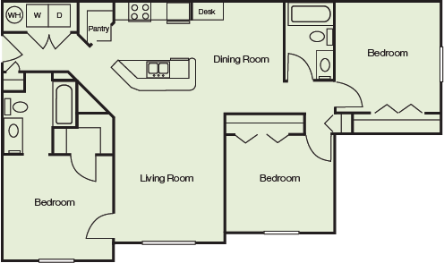 Three Bedroom Two Bathroom Floor Plan at Camri Green Apartments, Jacksonville, 32257