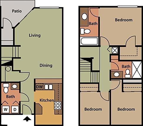 Three Bedroom Two Bathroom Floor Plan at Holly Cove Apartments, Florida, 32073
