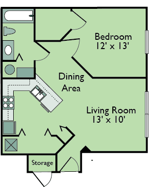 One Bedroom One Bathroom Floor Plan at Leigh Meadows Apartments, Florida