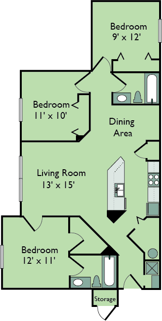 Three Bedroom Two Bathroom Floor Plan at Leigh Meadows Apartments, Jacksonville, FL, 32257