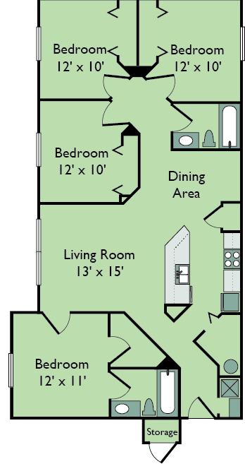 Four Bedroom Two Bathroom 1325 Floor Plan at Leigh Meadows Apartments, Jacksonville, FL