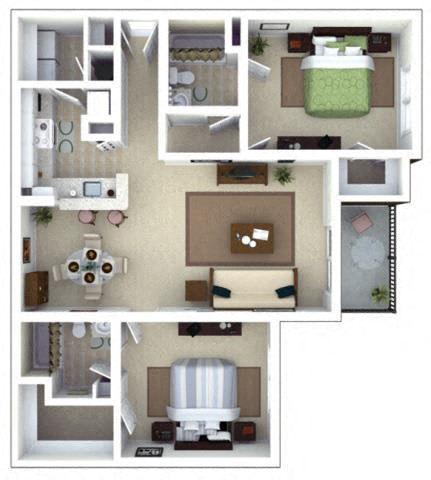 2 Bed 2 Bath Floor Plan with 1,147 Sq. Ft. at Roswell Village Apartments Roswell GA