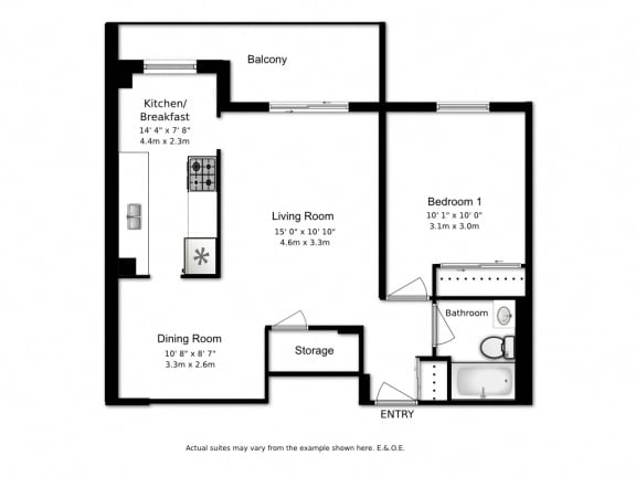 Floor plan of 1 bed, 1 bath, spacious modern suites at Highpoint Barrie in Barrie, ON