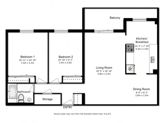 Floor plan of 2 bed, 1 bath, generous apartments with ample storage at Highpoint Barrie in Barrie, ON