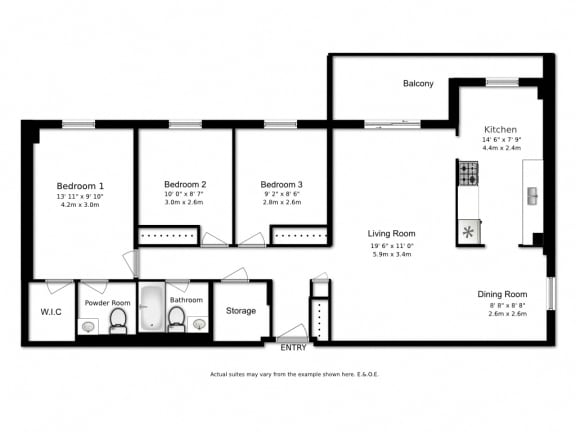 Floor plan of 3 bed, 2 bath, quality apartments with city views at Highpoint Barrie in Barrie, ON