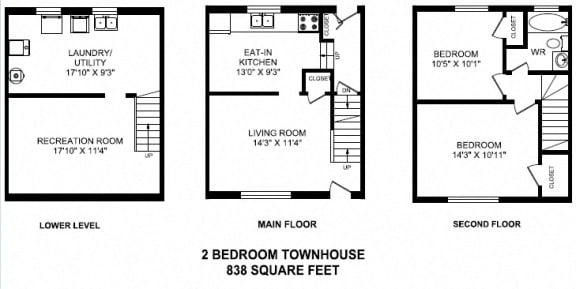Two bedroom, one bathroom apartment layout at Brockville Apartments in Brockville, ON