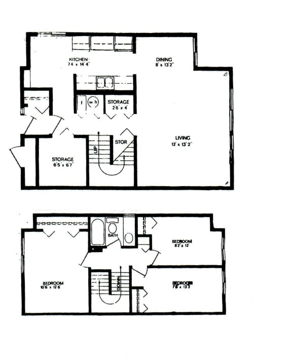 Three bedroom, one bathroom apartment layout at Willowbrook Estates in Brooks, AB