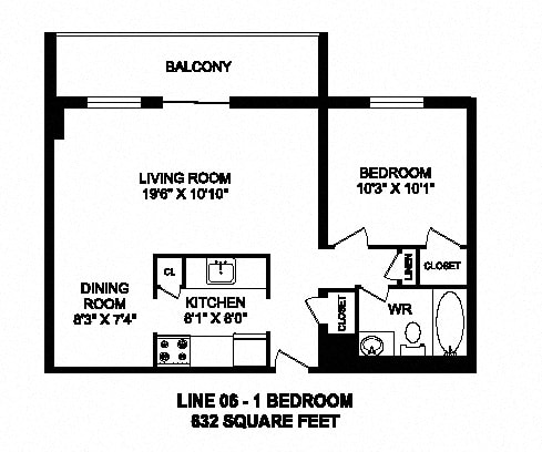 One bedroom, one bathroom apartment layout at Trillium Apartments in Cobourg, ON
