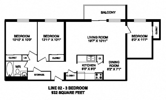 Three bedroom, one bathroom apartment layout at Trillium Apartments in Cobourg, ON