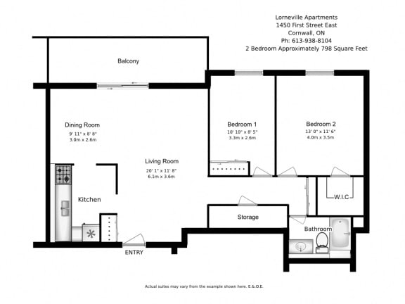 Two bedroom, one bathroom apartment layout at Lorneville Apartments in Cornwall, ON