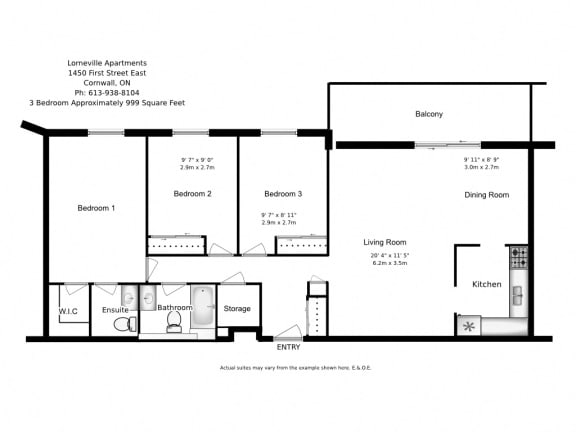 Three bedroom, one bathroom apartment layout at Lorneville Apartments in Cornwall, ON