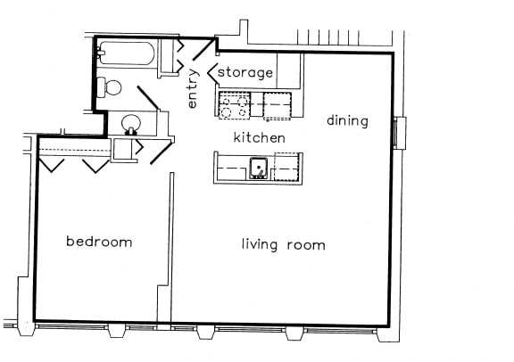 One bedroom, one bathroom apartment layout at MacDonald Estates in Edmonton, AB